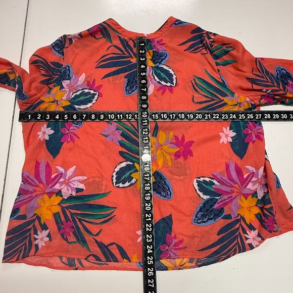 Old Navy Top Womens XXL Orange Blue Hawaiian Floral Linen Blend Beachy Coastal - Picture 3 of 9